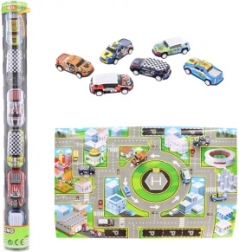 Set aus Metall-Spielzeugautos mit Spielteppich