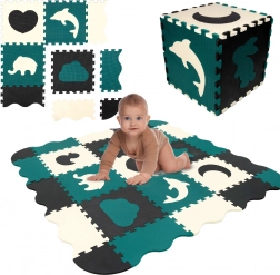 Humbi Schaum-Spielmatte und Laufstall 3-in-1, 120 × 120 cm, Tiere, schwarz/creme/dunkelgrün