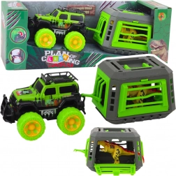 Geländewagen mit Käfig und T-Rex-Dinosaurier