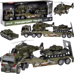 Militärischer Transport-Set: Lkw mit Anhänger, Panzer und Helikopter, Licht und Sound