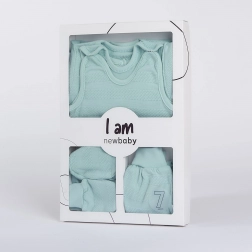 7-teiliges Neugeborenen-Set für die Entbindung NEW BABY I AM – blau, 100% Baumwolle