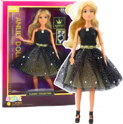Puppe Anlily schwarz-goldenes Abendkleid, bewegliche Gliedmaßen, blonde Haare