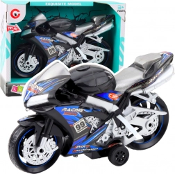 Schwarzblaues Rennmotorrad mit Licht- und Soundeffekten