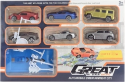 Set aus Abschuss-Spielzeugautos mit Verkehrsschildern und Rennbahn