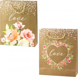 Geschenktasche mit Aufschrift Love und Blumen
