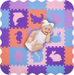 Humbi Schaumstoff-Spielmatte und Laufgitter 3-in-1, Tiere, 120 × 120 cm, pastellrosa/lila/blau