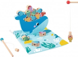 Tooky Toy Holzspiel Wal und Fische Multifunktional 4 in 1
