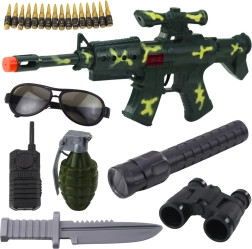Militär-Spielset für Kinder mit Gewehr und Zubehör, mechanisches Schussgeräusch, khaki