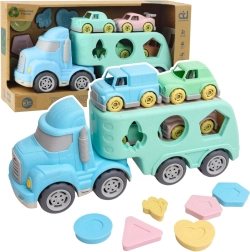 Pastellfarbener LKW-Spielset mit Autos und Sortierbox aus recyceltem Kunststoff