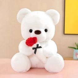 Plüsch Weißer Teddybär 32 cm mit roter Rose und Schleife – Geschenk für Mädchen
