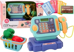 Blaue Kinderkasse mit Münzen und Korb