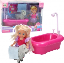 Mini-Set Puppe mit Badewanne und weißem Hündchen