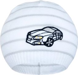 Frühlings-Strickmütze New Baby mit Auto weiß/hellgrau