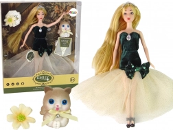 Puppe Emily mit langen Haaren, Kätzchen und Blumenverzierung