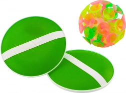 Geschicklichkeitsspiel mit runden Schlägern und Ball mit Saugnäpfen grün