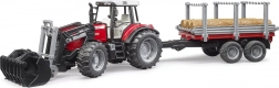 BRUDER Traktor MASSEY FERGUSON 7480 mit Frontlader und Holztransportanhänger