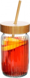 Gerippte Glasflasche für Getränke mit Bambusdeckel und Trinkhalm 500 ml