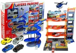 Mehrstöckige Garage mit kleinen Autos und Hubschrauber