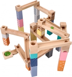 Holz-Kugelbahn in Pastell, 53 Teile + 6 Glasmurmeln
