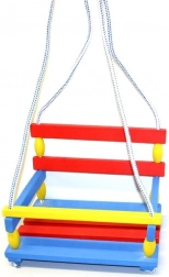 Bunte Holzschaukel mit Schutzbügel