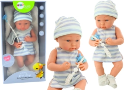 Puppe Baby in Weiß-blauem Outfit mit Mütze und Schnuller