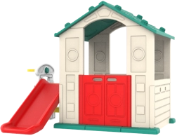 Kinder Gartenhaus mit grünem Dach und Rutsche