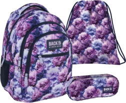 Schulset BackUP Violet Flowers 3-in-1 – Rucksack, Federmäppchen und Turnbeutel