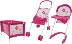 3-teiliges Puppenset – Kinderwagen, Hochstuhl und Reisebett Blumen
