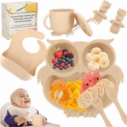 Silikon-Esstisch-Set für Kinder mit Eulenmotiv, 8-teilig, beige