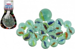 Glasmurmeln im Netz – Mix aus Größen