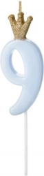 Kerze für Kuchen Blau mit Krone Nummer 9