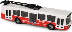 Roter Oberleitungsbus mit Schwungradantrieb und zu öffnenden Türen