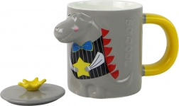 Keramikbecher mit Deckel, Dinosaurier, 400 ml, grau