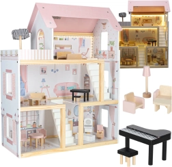 Holz-Puppenhaus mit Möbeln und LED-Beleuchtung 78 cm rosa