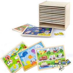 Viga Holzpuzzles – Set mit 12 Rahmenpuzzles à 24 Teile auf einem Ständer