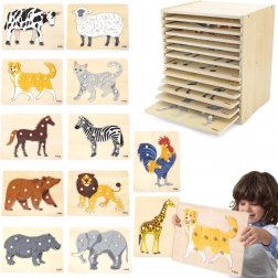 Set aus Holzpuzzles mit 12 Tieren Montessori mit Ständer Viga