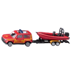 Siku Land Rover Defender mit Motorboot – Feuerwehr-Set