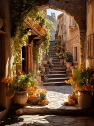 Diamantmalerei Gasse mit Blumen geschmückt 30 × 40 cm