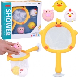 Badespielzeug: Netz mit Saugnapf und 3 gummierten Tierchen ohne Loch