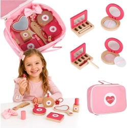 Kinder-Kosmetikset aus Holz in einer rosafarbenen Kosmetiktasche