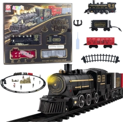 Elektrisches Zugset mit Dampflokomotive, Waggons und Schienen mit Licht