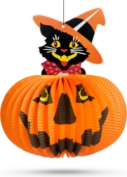 Halloween-Papierlaterne Kürbis mit Katzenmotiv – 1 Stück