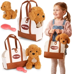 Plüschhund in Tasche mit Bürste – brauner Pudel für Kinder