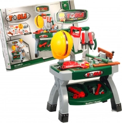 Kinder-Werkbank-Set mit grün-grauem Arbeitstisch und Helm 71 cm