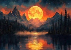 Diamantmalerei Goldener Mond in den Bergen 30x40cm