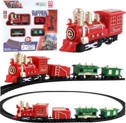 Klassischer batteriebetriebener Zug mit Lokomotive, Waggons und Schienen – 13 Teile