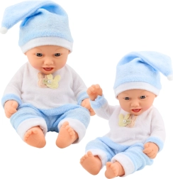 Puppe Baby in blauem Pyjama mit Mütze mit Bommel