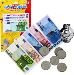 Set aus Spielzeuggeld Euro Banknoten und Münzen