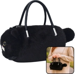Plüsch-Handtasche in Katzenform mit Henkeln und Kette – schwarz