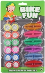 Bunte Kunststoff-Fahrradzubehör – Set aus Reflektoren und dekorativen Rädchen